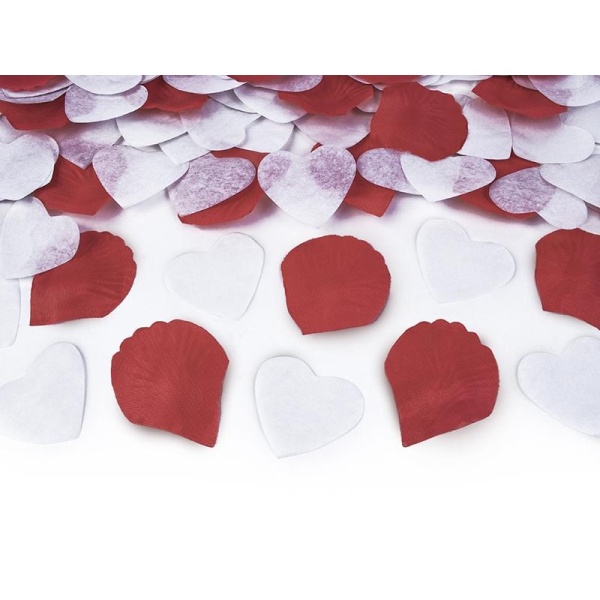 Vystreľovacie konfety lupene bielo - červené, 30cm