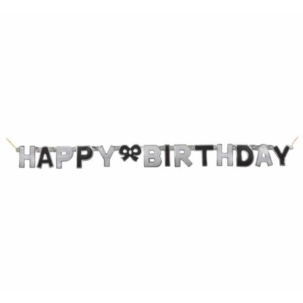 Girlanda nápis Happy Birthday, strieborno-čierny, 127cm