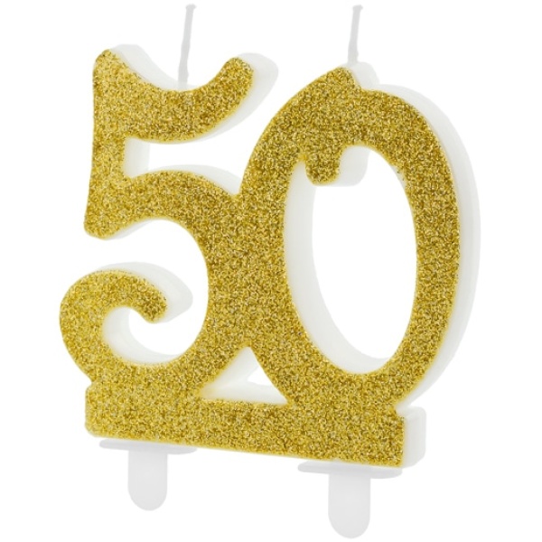 Sviečka 50. narodeniny zlatá trblietavá, 75mm