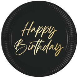 Papierové taniere Happy Birthday čierne, 23, 8ks